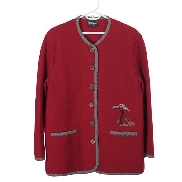 GEIGER Sweaters - GEIGER Sweater 38 Red Wool Embroidered Goats Nature Button Up Jacket Austria